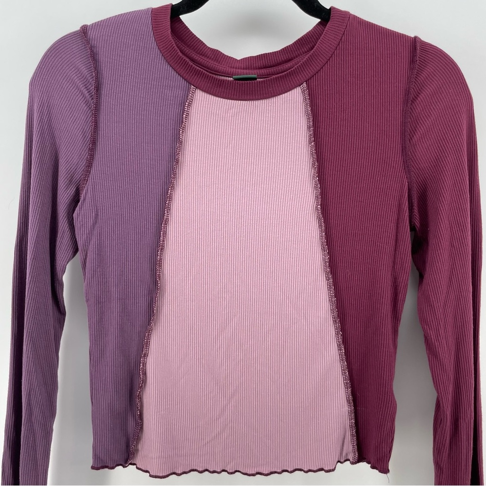 Wild Fable Womens Long Sleeve Shirt Purple Color Block Lettuce Trim S - Picture 2 of 5